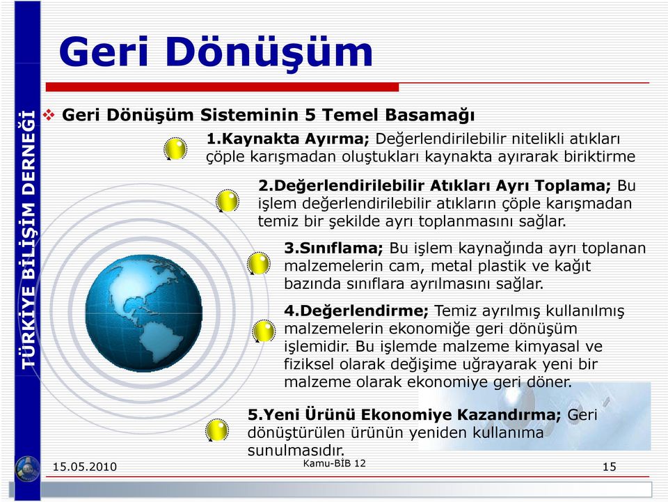 Sınıflama; Bu işlem kaynağında ayrı toplanan malzemelerin cam, metal plastik ve kağıt bazında sınıflara ayrılmasını sağlar. 4.