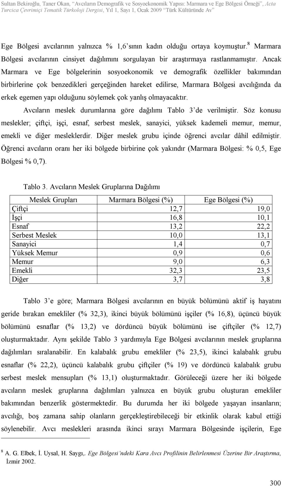 olduğunu söylemek çok yanlış olmayacaktır. Avcıların meslek durumlarına göre dağılımı Tablo 3 de verilmiştir.