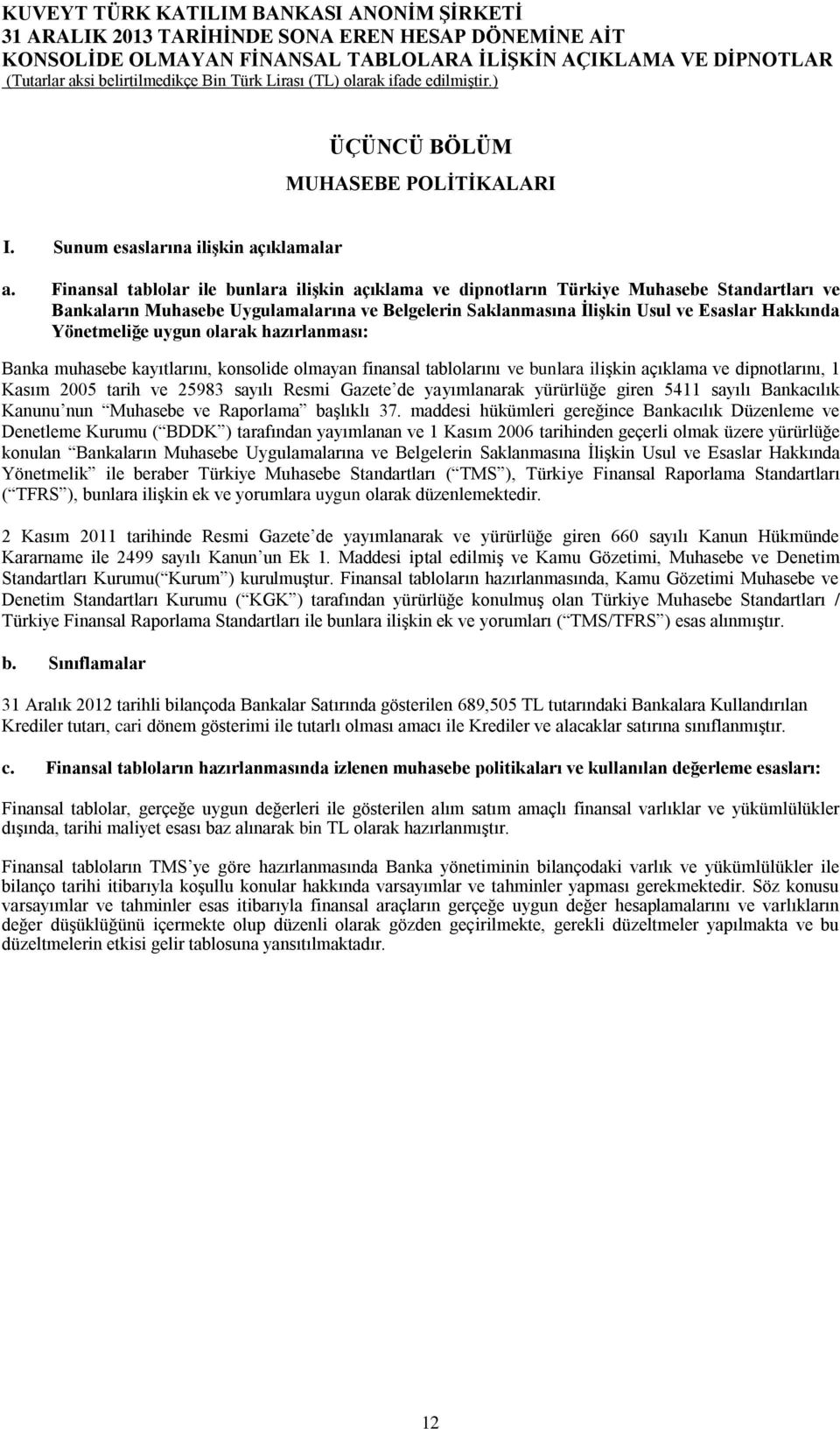 Yönetmeliğe uygun olarak hazırlanması: Banka muhasebe kayıtlarını, konsolide olmayan finansal tablolarını ve bunlara ilişkin açıklama ve dipnotlarını, 1 Kasım 2005 tarih ve 25983 sayılı Resmi Gazete