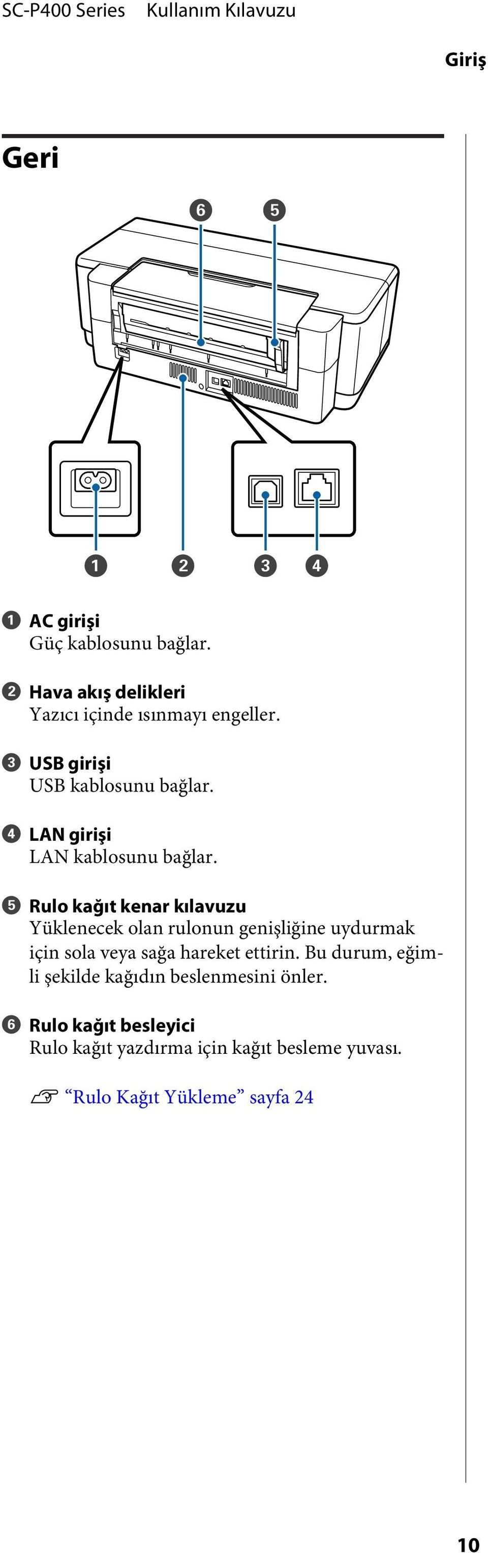 E Rulo kağıt kenar kılavuzu Yüklenecek olan rulonun genişliğine uydurmak için sola veya sağa hareket