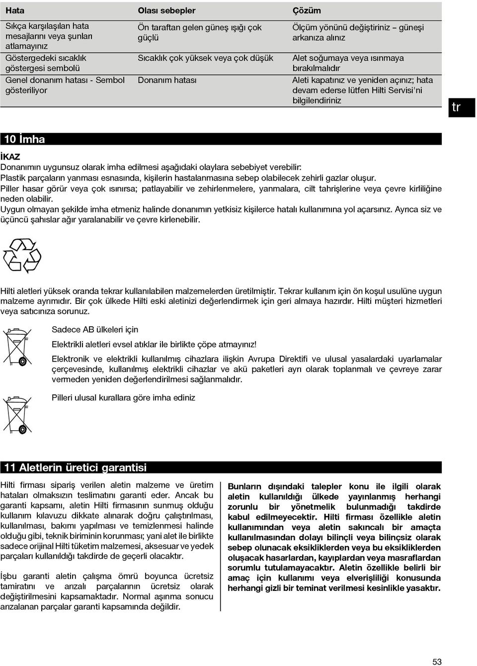 lütfen Hilti Servisi'ni bilgilendiriniz Donanım hatası 10 İmha İKAZ Donanımın uygunsuz olarak imha edilmesi aşağıdaki olaylara sebebiyet verebilir: Plastik parçaların yanması esnasında, kişilerin