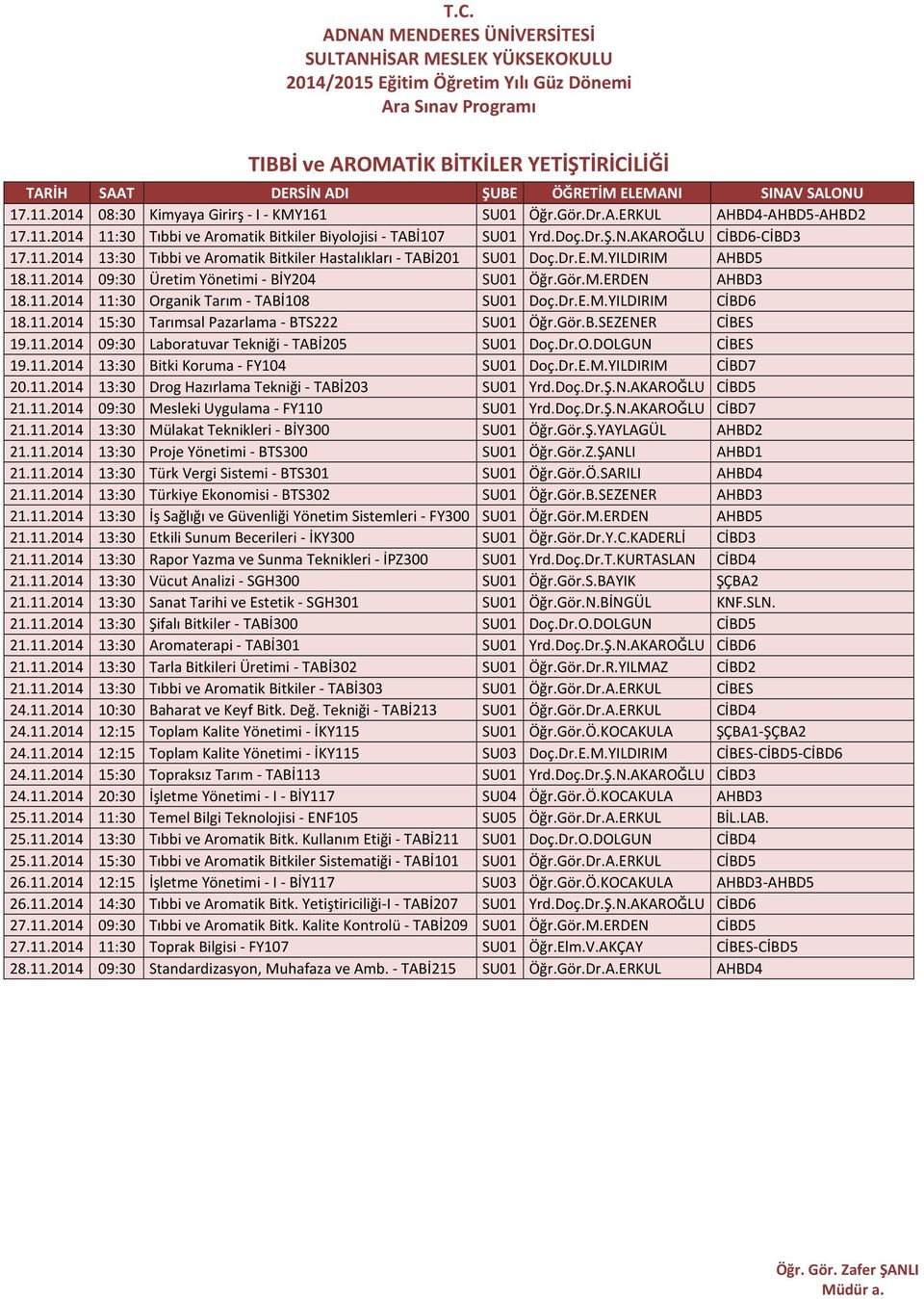 11.2014 11:30 Organik Tarım - TABİ108 SU01 Doç.Dr.E.M.YILDIRIM CİBD6 18.11.2014 15:30 Tarımsal Pazarlama - BTS222 SU01 Öğr.Gör.B.SEZENER CİBES 19.11.2014 09:30 Laboratuvar Tekniği - TABİ205 SU01 Doç.