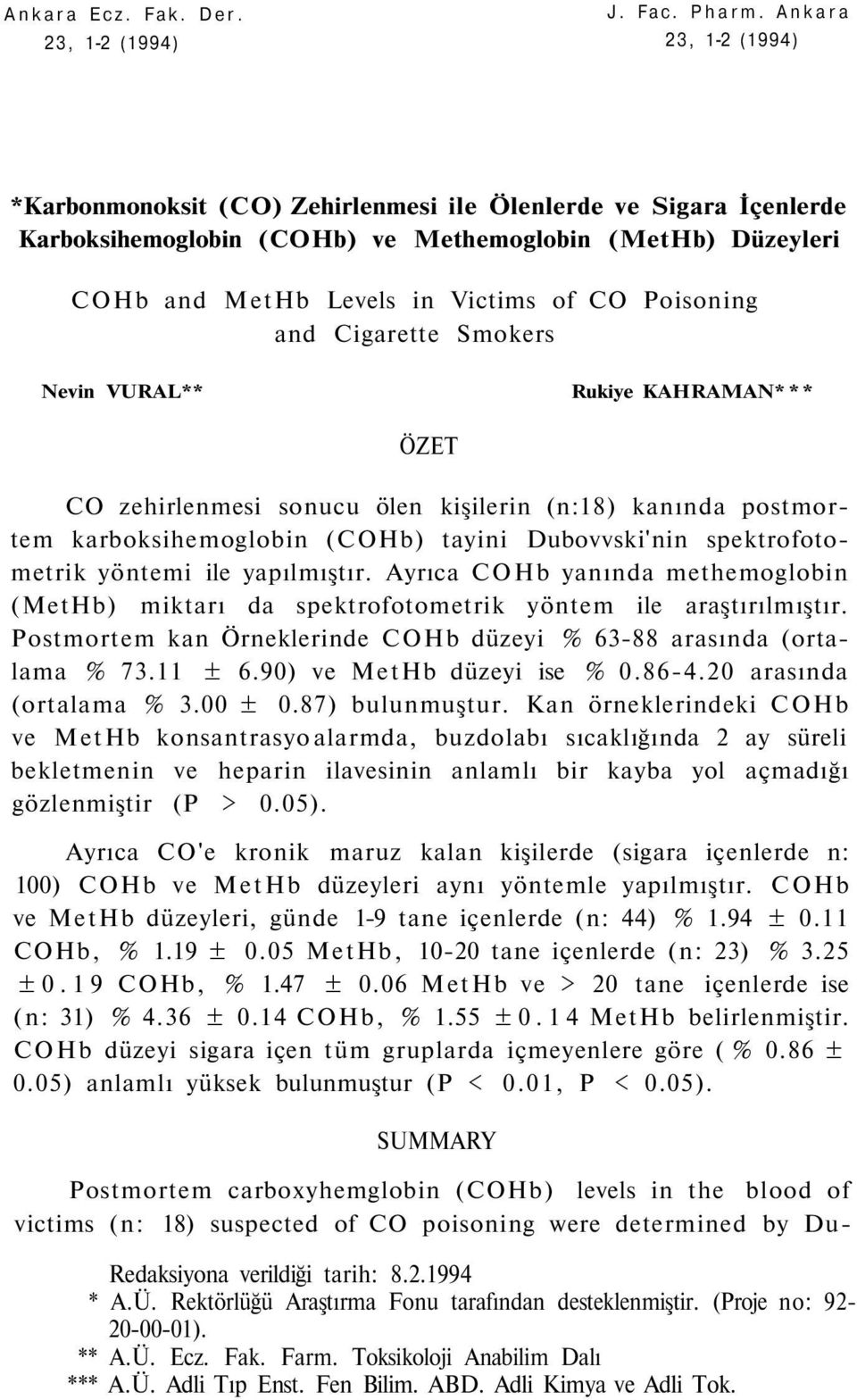 and Cigarette Smokers Nevin VURAL** Rukiye KAHRAMAN* * * ÖZET CO zehirlenmesi sonucu ölen kişilerin (n:18) kanında postmortem karboksihemoglobin (COHb) tayini Dubovvski'nin spektrofotometrik yöntemi