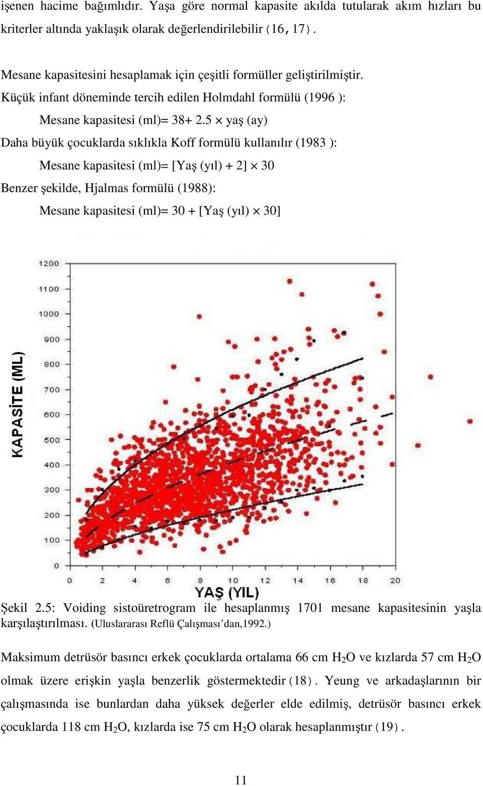 5 yaş (ay) Daha büyük çocuklarda sıklıkla Koff formülü kullanılır (1983 ): Mesane kapasitesi (ml)= [Yaş (yıl) + 2] 30 Benzer şekilde, Hjalmas formülü (1988): Mesane kapasitesi (ml)= 30 + [Yaş (yıl)