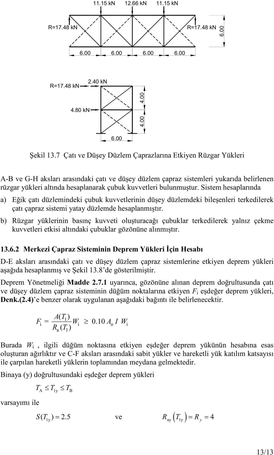 Sistem hesplrınd ) Eğik çtı düzlemindeki çubuk kuvvetlerinin düşey düzlemdeki bileşenleri terkedilerek çtı çprz sistemi yty düzlemde hesplnmıştır.