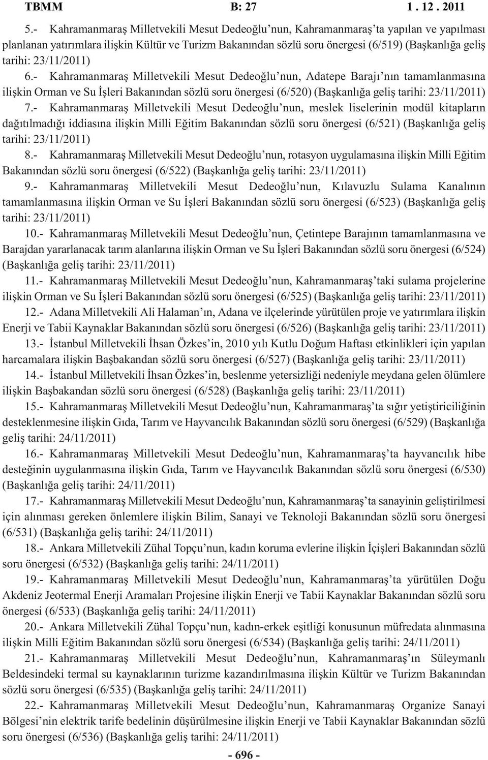 - Kahramanmaraş Milletvekili Mesut Dedeoğlu nun, Adatepe Barajı nın tamamlanmasına ilişkin Orman ve Su İşleri Bakanından sözlü soru önergesi (6/520) (Başkanlığa geliş tarihi: 23/11/2011) 7.