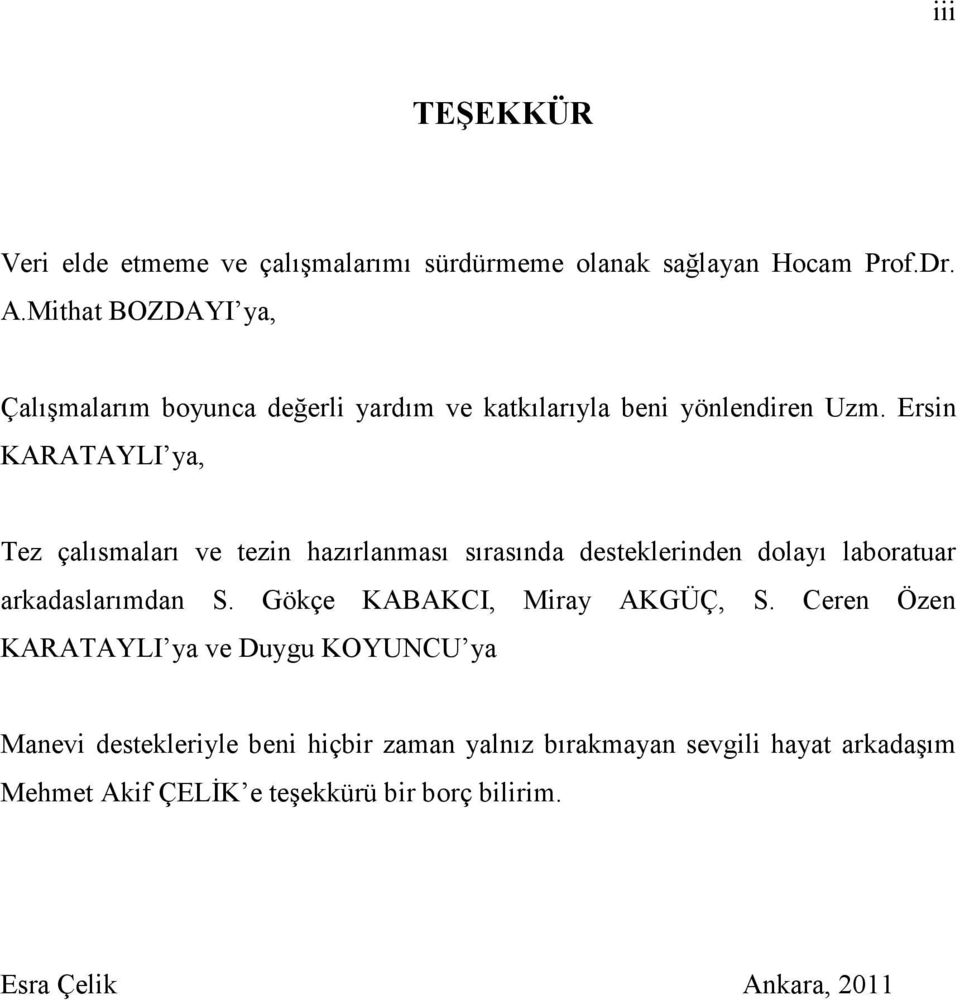 Ersin KARATAYLI ya, Tez çalısmaları ve tezin hazırlanması sırasında desteklerinden dolayı laboratuar arkadaslarımdan S.