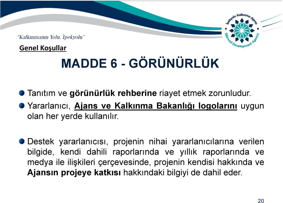 Destek yararlanıcısı, projenin nihai yararlanıcılarına verilen bilgide, kendi dahili raporlarında ve