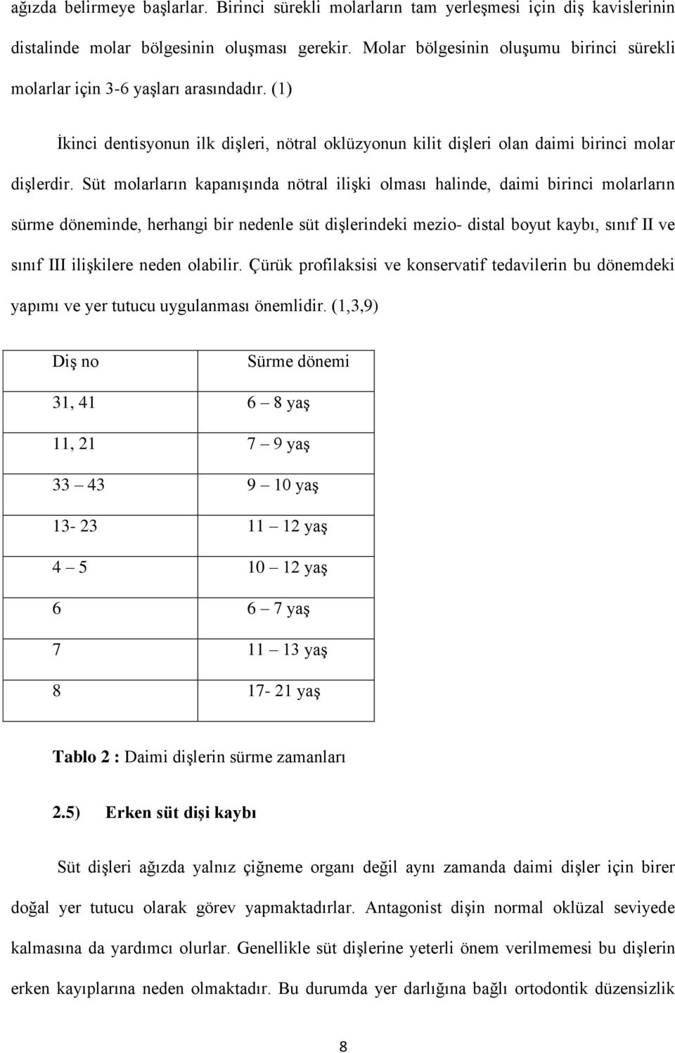 Süt molarların kapanışında nötral ilişki olması halinde, daimi birinci molarların sürme döneminde, herhangi bir nedenle süt dişlerindeki mezio- distal boyut kaybı, sınıf II ve sınıf III ilişkilere