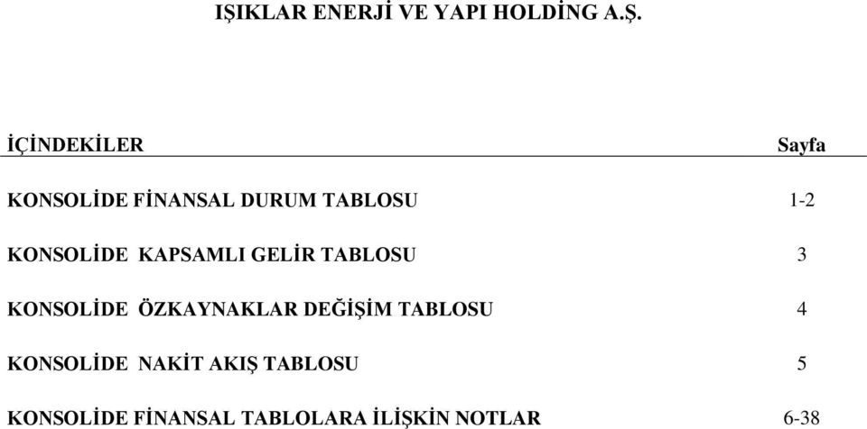 TABLOSU 3 KONSOLİDE ÖZKAYNAKLAR DEĞİŞİM TABLOSU 4 KONSOLİDE