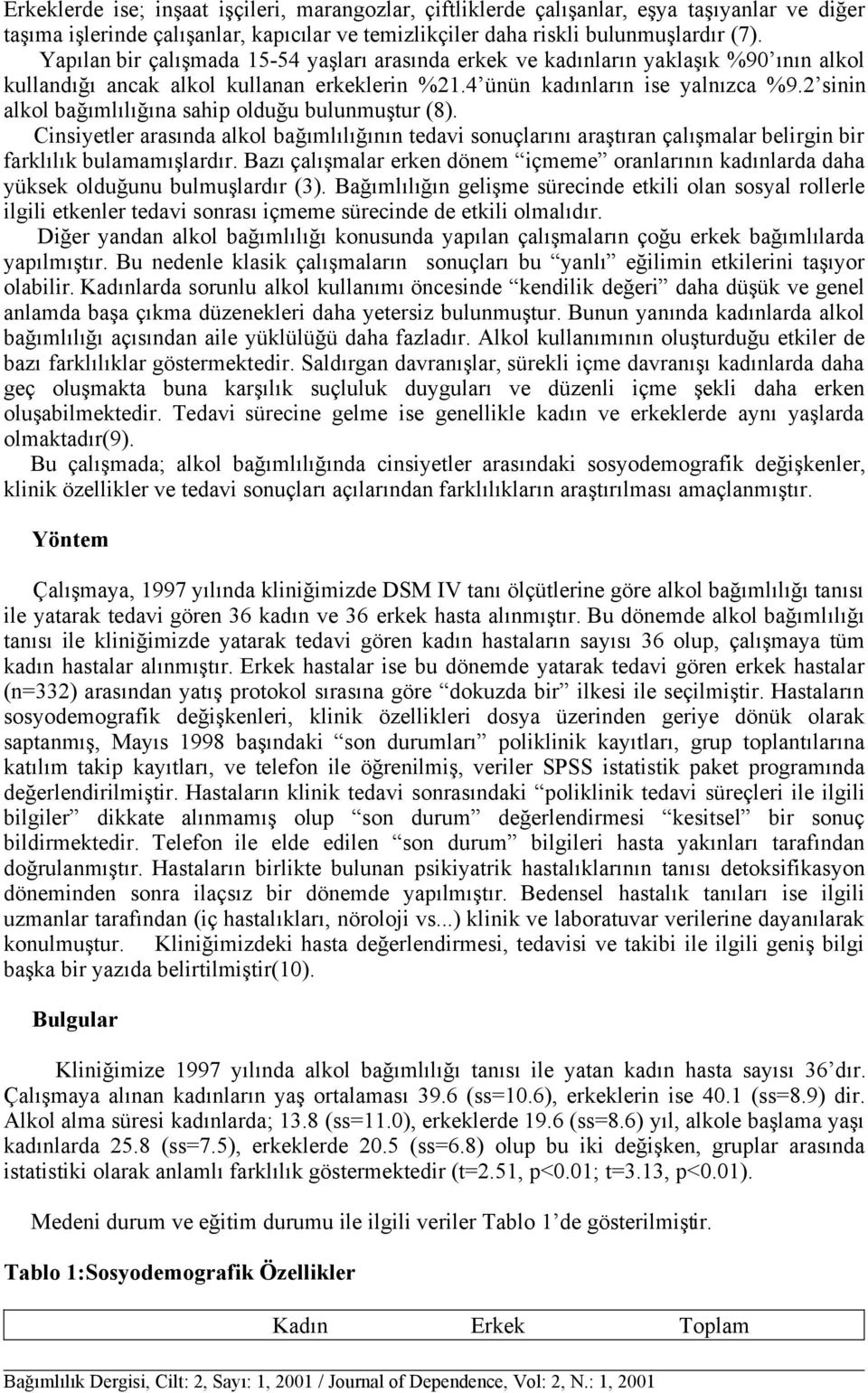 2 sinin alkol bağımlılığına sahip olduğu bulunmuştur (8). Cinsiyetler arasında alkol bağımlılığının tedavi sonuçlarını araştıran çalışmalar belirgin bir farklılık bulamamışlardır.