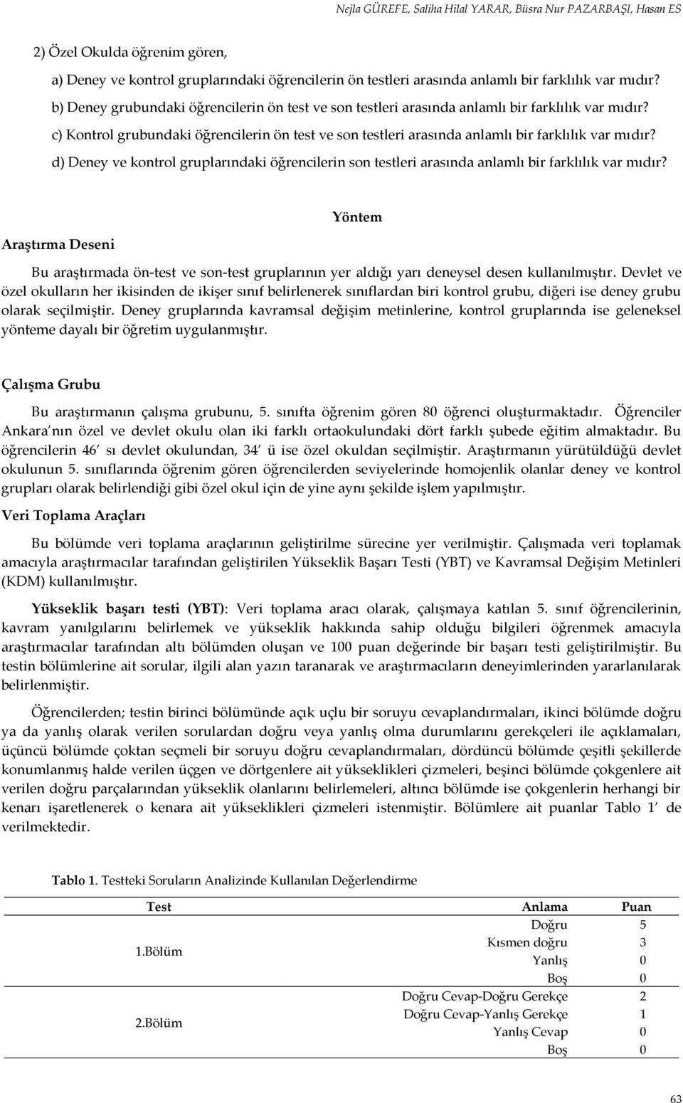 d) Deney ve kontrol gruplarındaki öğrencilerin son testleri arasında anlamlı bir farklılık var mıdır?