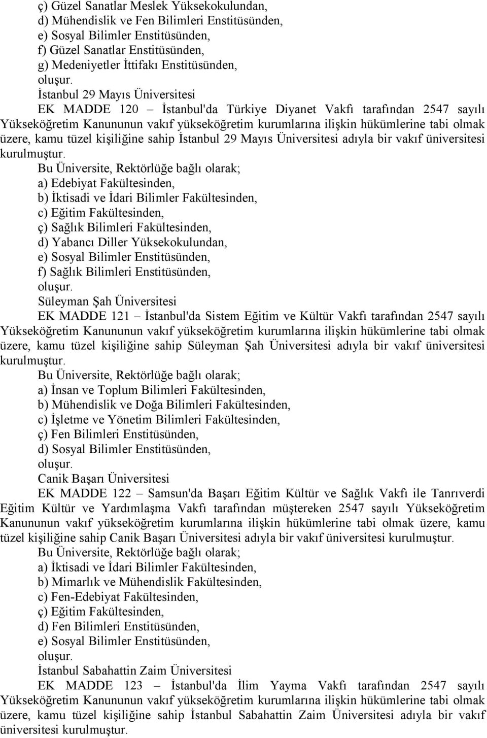 İstanbul 29 Mayıs Üniversitesi EK MADDE 120 İstanbul'da Türkiye Diyanet Vakfı tarafından 2547 sayılı Yükseköğretim Kanununun vakıf yükseköğretim kurumlarına ilişkin hükümlerine tabi olmak üzere, kamu