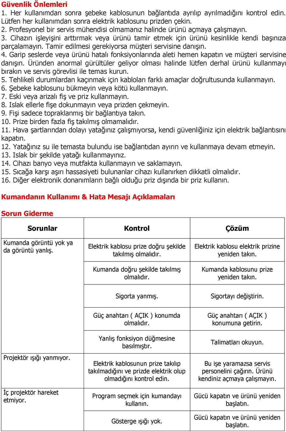 Tamir edilmesi gerekiyorsa müşteri servisine danışın. 4. Garip seslerde veya ürünü hatalı fonksiyonlarında aleti hemen kapatın ve müşteri servisine danışın.