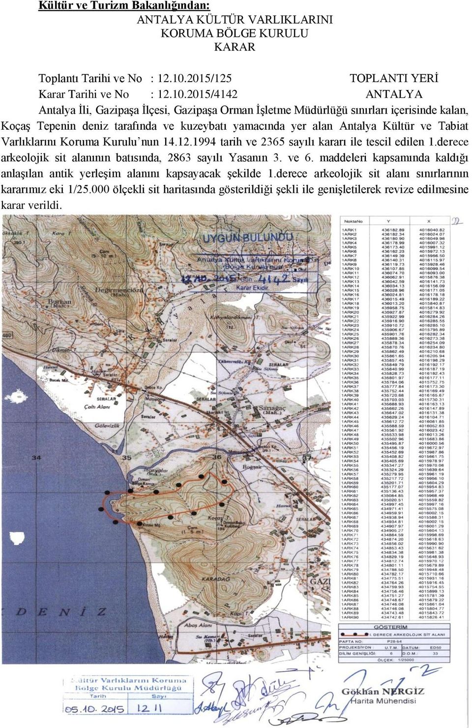 2015/4142 ANTALYA Antalya İli, Gazipaşa İlçesi, Gazipaşa Orman İşletme Müdürlüğü sınırları içerisinde kalan, Koçaş Tepenin deniz tarafında ve kuzeybatı yamacında yer alan Antalya Kültür ve