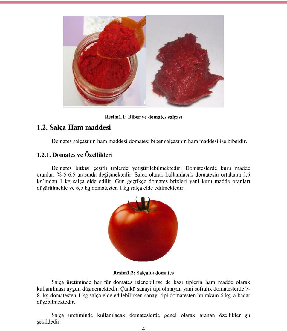 Gün geçtikçe domates brixleri yani kuru madde oranları düģürülmekte ve 6,5 kg domatesten 1 kg salça elde edilmektedir. Resim1.