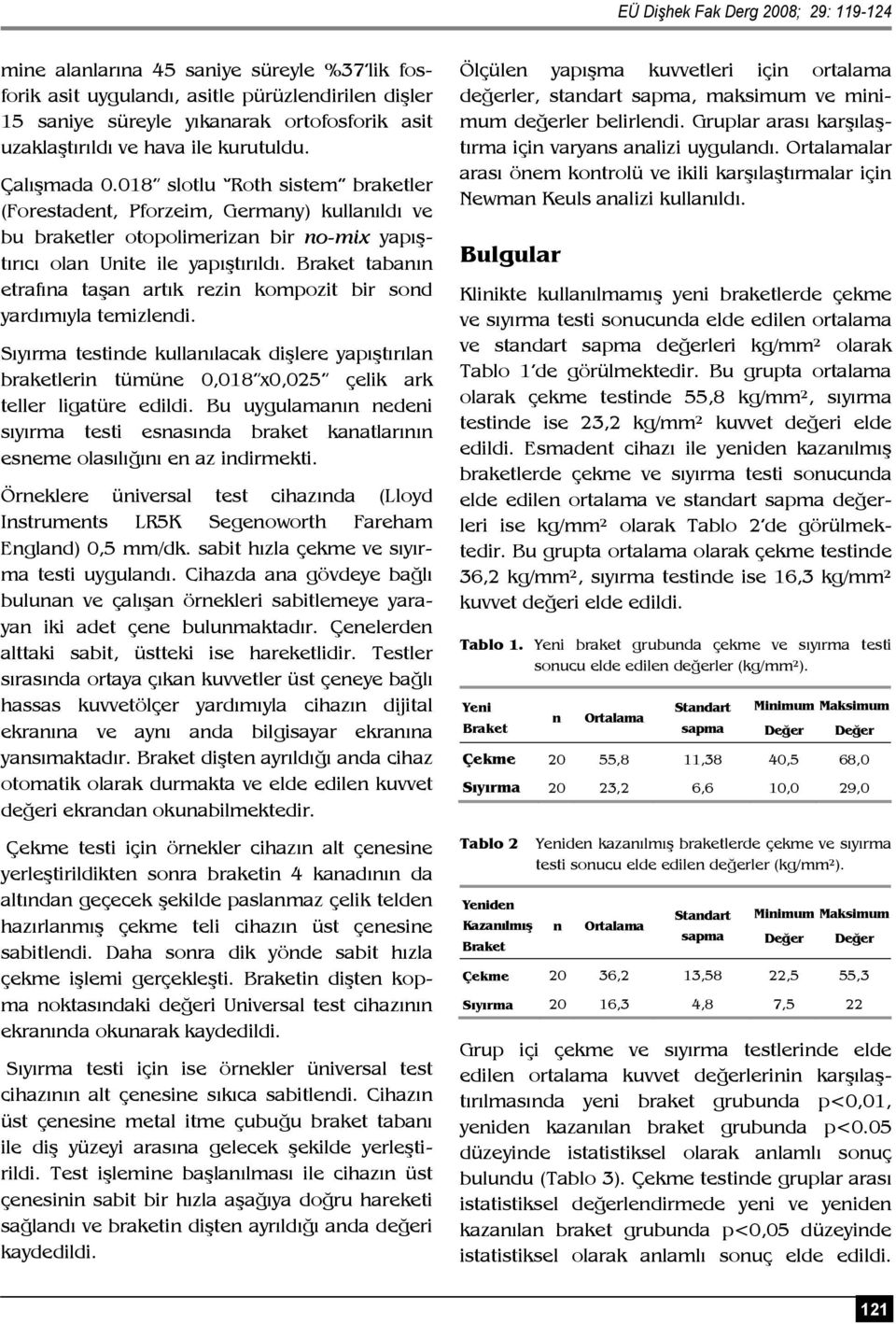 tabanın etrafına taşan artık rezin kompozit bir sond yardımıyla temizlendi. Sıyırma testinde kullanılacak dişlere yapıştırılan braketlerin tümüne 0,018 x0,025 çelik ark teller ligatüre edildi.