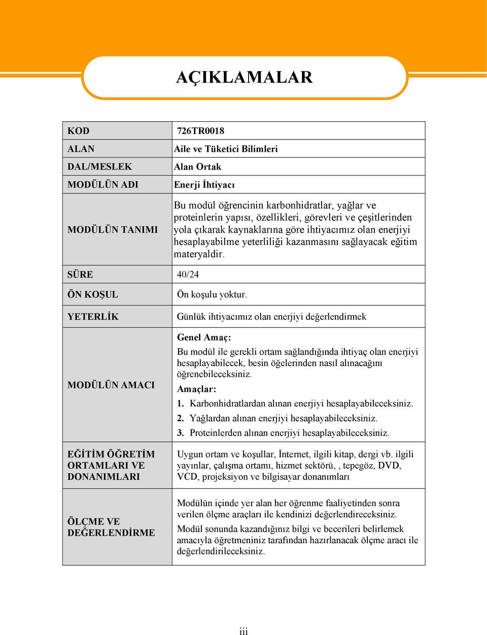 SÜRE 40/24 ÖN KOŞUL YETERLİK MODÜLÜN AMACI EĞİTİM ÖĞRETİM ORTAMLARI VE DONANIMLARI Ön koşulu yoktur.