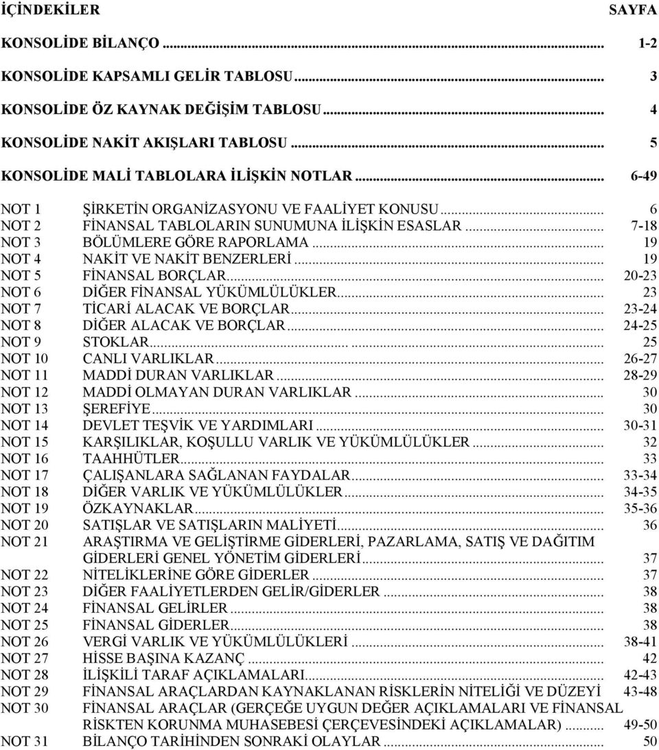 .. 19 NOT 5 FİNANSAL BORÇLAR... 20-23 NOT 6 DİĞER FİNANSAL YÜKÜMLÜLÜKLER... 23 NOT 7 TİCARİ ALACAK VE BORÇLAR... 23-24 NOT 8 DİĞER ALACAK VE BORÇLAR... 24-25 NOT 9 STOKLAR...... 25 NOT 10 CANLI VARLIKLAR.