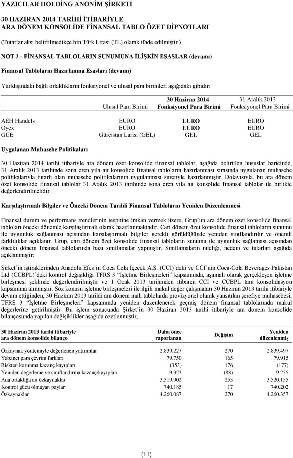 Politikaları tarihi itibariyle ara dönem özet konsolide finansal tablolar, aşağıda belirtilen hususlar haricinde, 31 Aralık 2013 tarihinde sona eren yıla ait konsolide finansal tabloların