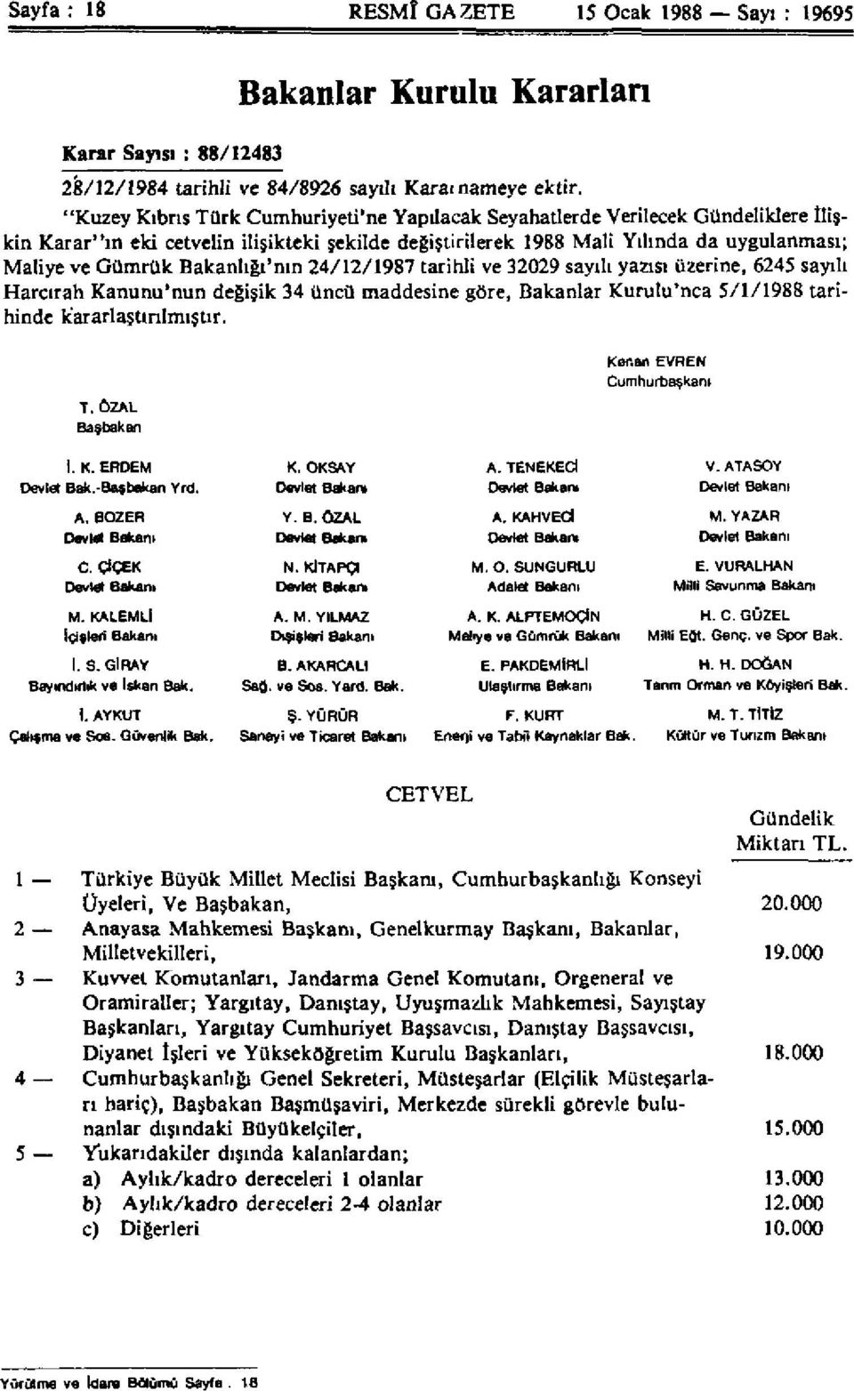 Bakanlığı'nın 24/12/1987 tarihli ve 32029 sayılı yazısı üzerine, 6245 sayılı Harcırah Kanunu'nun değişik 34 üncü maddesine göre, Bakanlar Kurulu'nca 5/1/1988 tarihinde kararlaştırılmıştır.