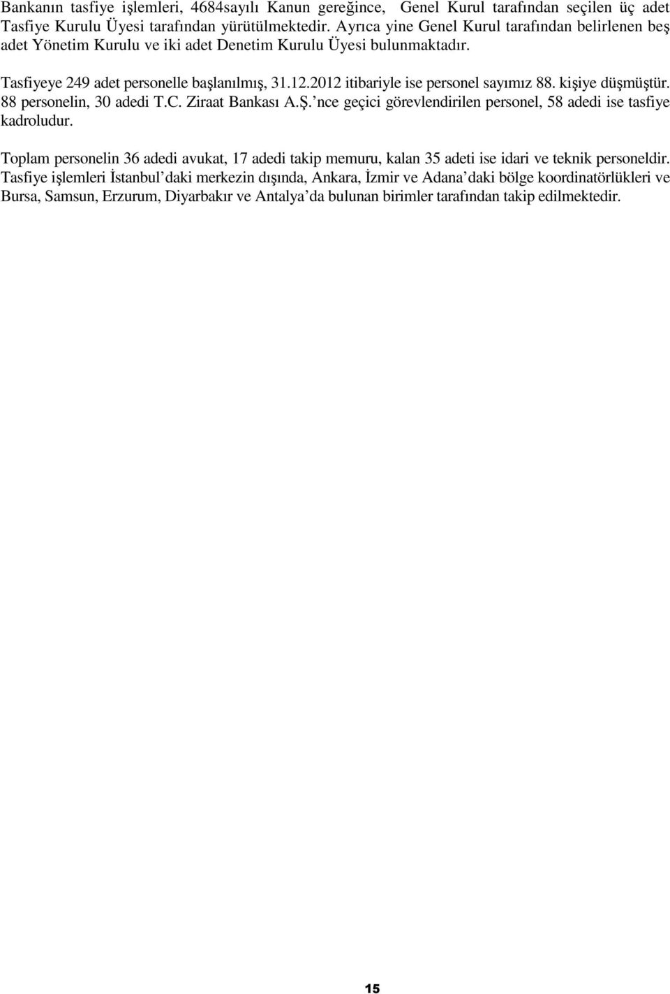 2012 itibariyle ise personel sayımız 88. kişiye düşmüştür. 88 personelin, 30 adedi T.C. Ziraat Bankası A.Ş. nce geçici görevlendirilen personel, 58 adedi ise tasfiye kadroludur.