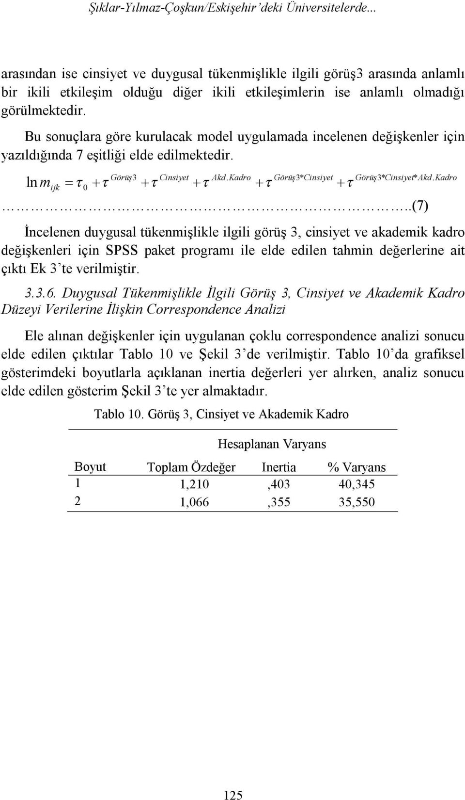 Bu sonuçlara göre kurulacak model uygulamada incelenen değişkenler için yazıldığında 7 eşitliği elde edilmektedir. ln m ijk 0 Görüş 3 Cinsiyet Akd. Kadro Görüş 3* Cinsiyet Görüş 3* Cinsiyet* Akd.