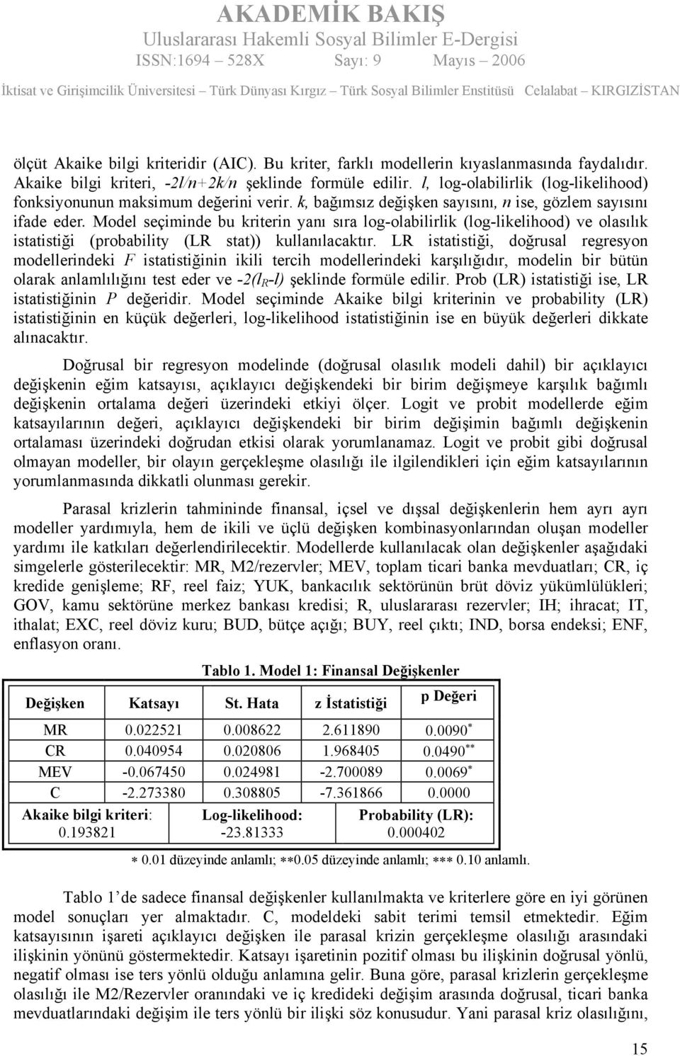 Model seçiminde bu kriterin yanı sıra log-olabilirlik (log-likelihood) ve olasılık istatistiği (probability (LR stat)) kullanılacaktır.