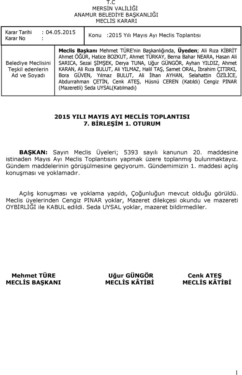 KARAN, Ali Rıza BULUT, Ali YILMAZ, Halil TAŞ, Samet ORAL, İbrahim ÇITIRKI, 2015 YILI MAYIS AYI MECLİS TOPLANTISI 7. BİRLEŞİM 1. OTURUM BAŞKAN: Sayın Meclis Üyeleri; 5393 sayılı kanunun 20.