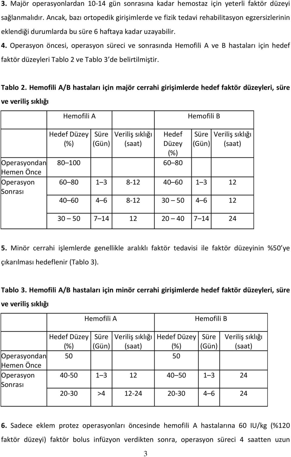 Operasyon öncesi, operasyon süreci ve sonrasında Hemofili A ve B hastaları için hedef faktör düzeyleri Tablo 2 