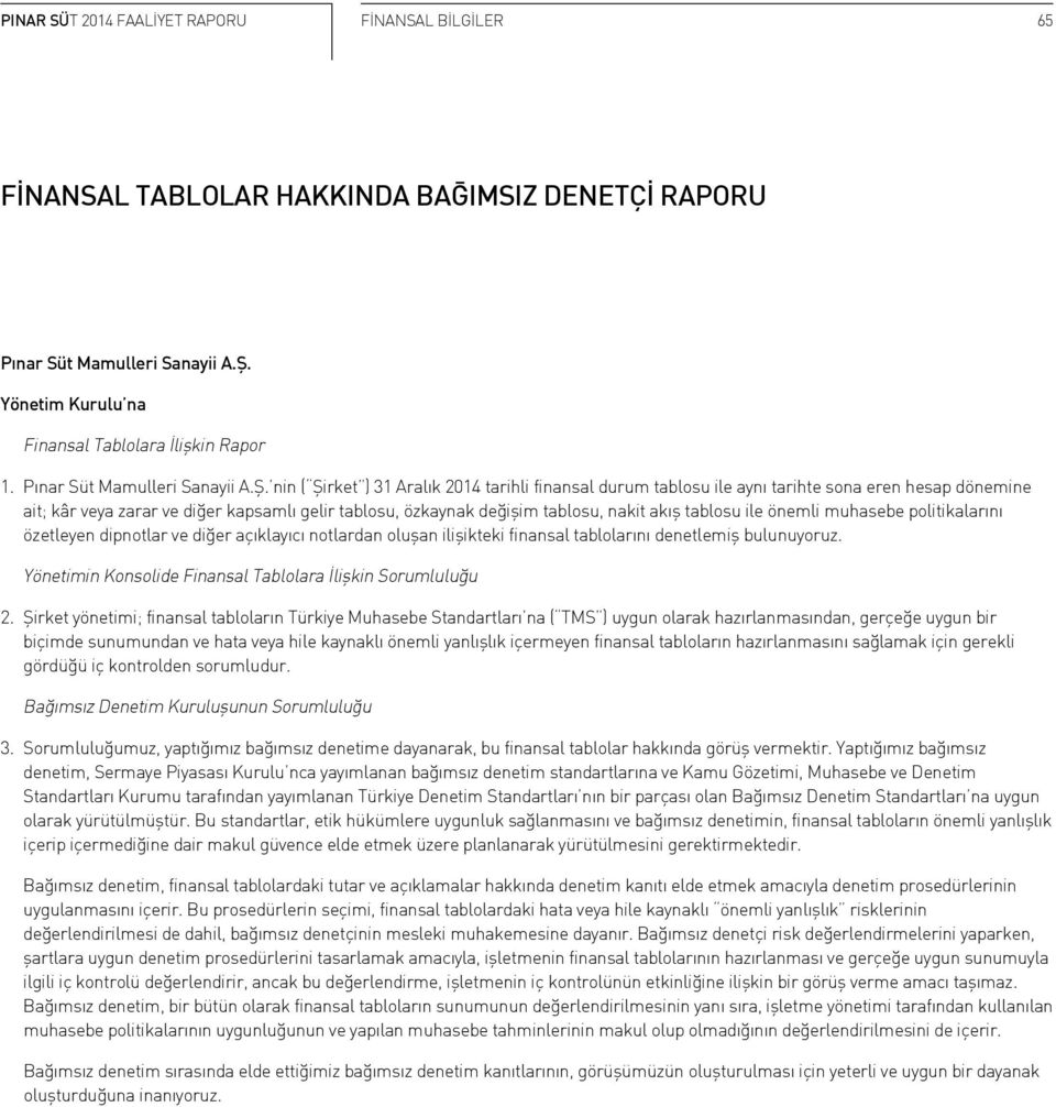 tablosu ile önemli muhasebe politikalarını özetleyen dipnotlar ve diğer açıklayıcı notlardan oluşan ilişikteki finansal tablolarını denetlemiş bulunuyoruz.