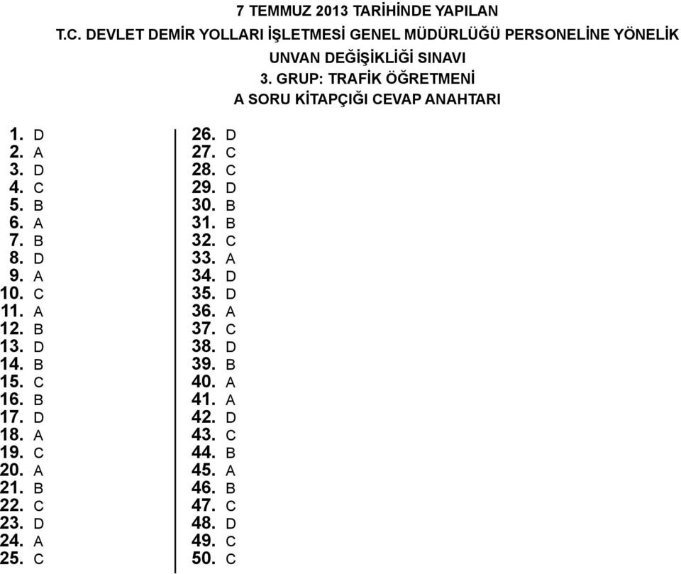 GRUP: TRFİK ÖĞRETMENİ SORU KİTPÇIĞI CEVP NHTRI 1. d 2. a 3. d 4. c 5. b 6. a 7. b 8. d 9. a 10. c 11. a 12. b 13.