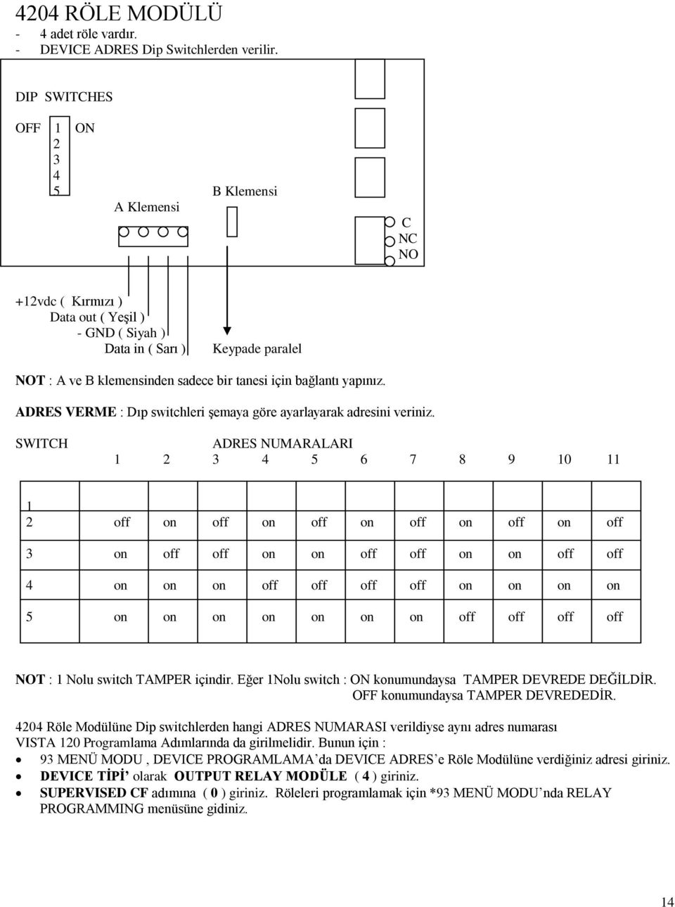 bağlantı yapınız. ADRES VERME : Dıp switchleri şemaya göre ayarlayarak adresini veriniz.