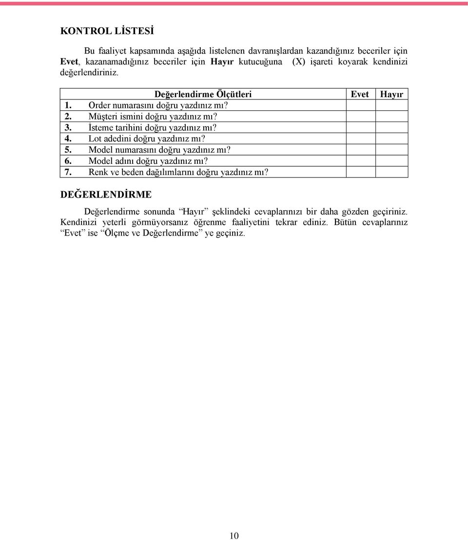 Lot adedini doğru yazdınız mı? 5. Model numarasını doğru yazdınız mı? 6. Model adını doğru yazdınız mı? 7. Renk ve beden dağılımlarını doğru yazdınız mı?