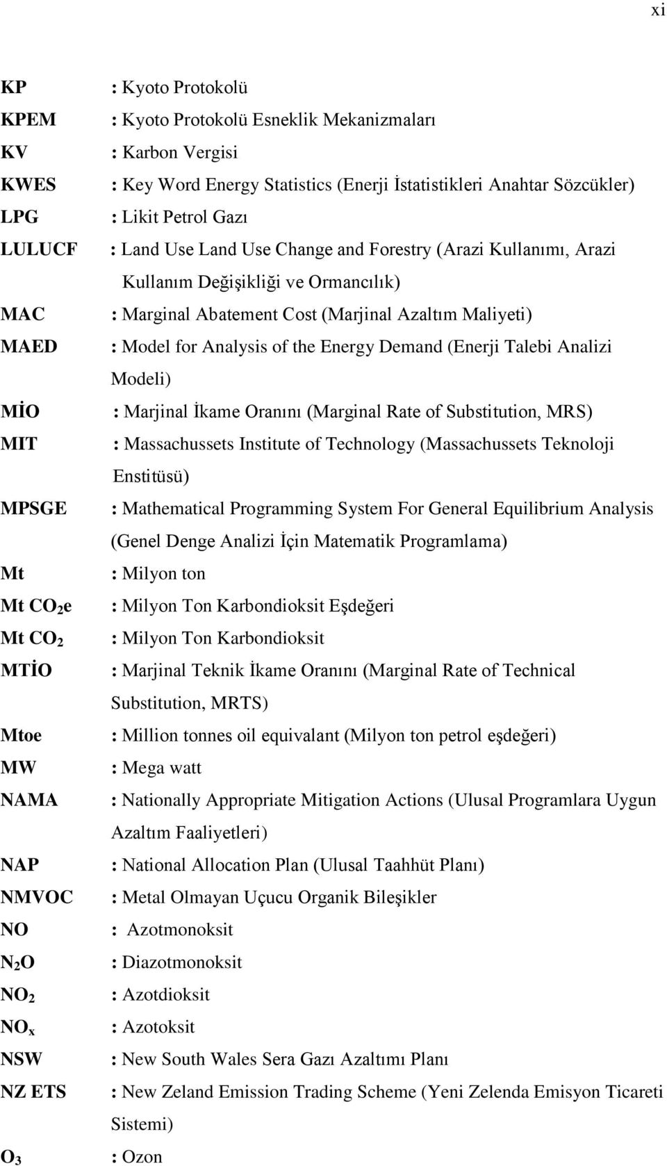 Ormancılık) : Marginal Abatement Cost (Marjinal Azaltım Maliyeti) : Model for Analysis of the Energy Demand (Enerji Talebi Analizi Modeli) : Marjinal İkame Oranını (Marginal Rate of Substitution,