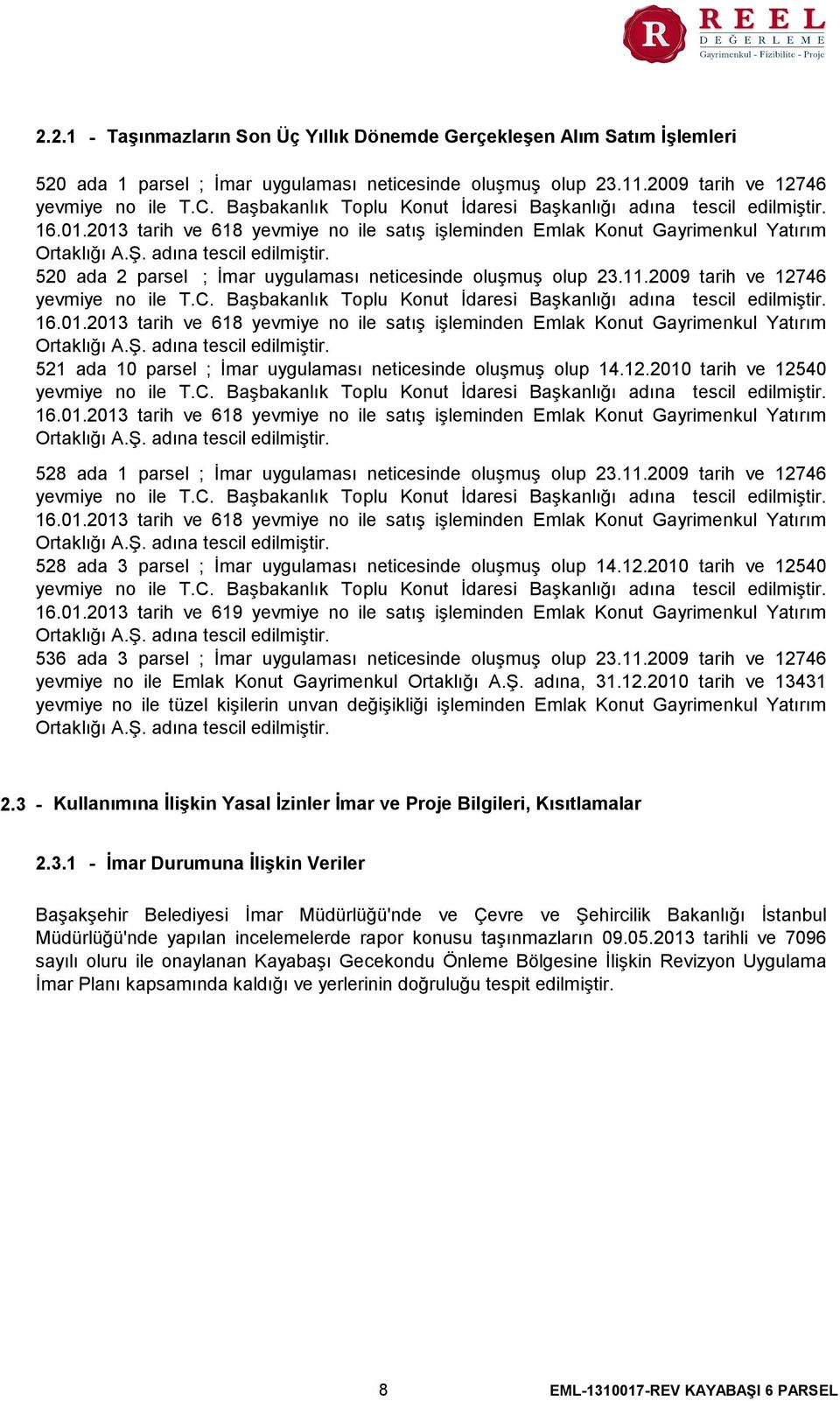 11.2009 tarih ve 12746 yevmiye no ile T.C. Başbakanlık Toplu Konut İdaresi Başkanlığı adına tescil edilmiştir. 16.01.