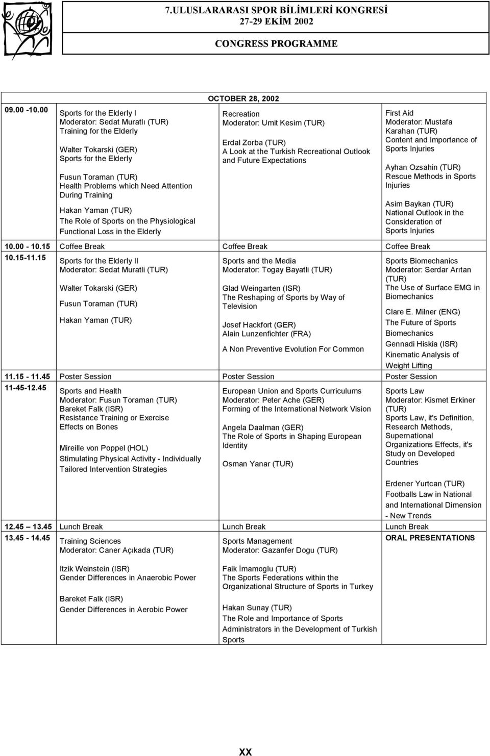 Training Hakan Yaman (TUR) The Role of Sports on the Physiological Functional Loss in the Elderly Recreation Moderator: Umit Kesim (TUR) Erdal Zorba (TUR) A Look at the Turkish Recreational Outlook