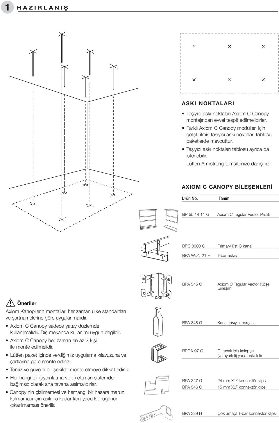 AXIOM C CANOPY BİLEŞENLERİ Ürün No. Tanım BP 55 14 11 G Axiom C Tegular Vector Profili BPC 3000 G BPA WDN 21 H Primary üst C kanal T-bar askısı BPA 345 G Axiom C Tegular Vector Köşe Birleşimi!