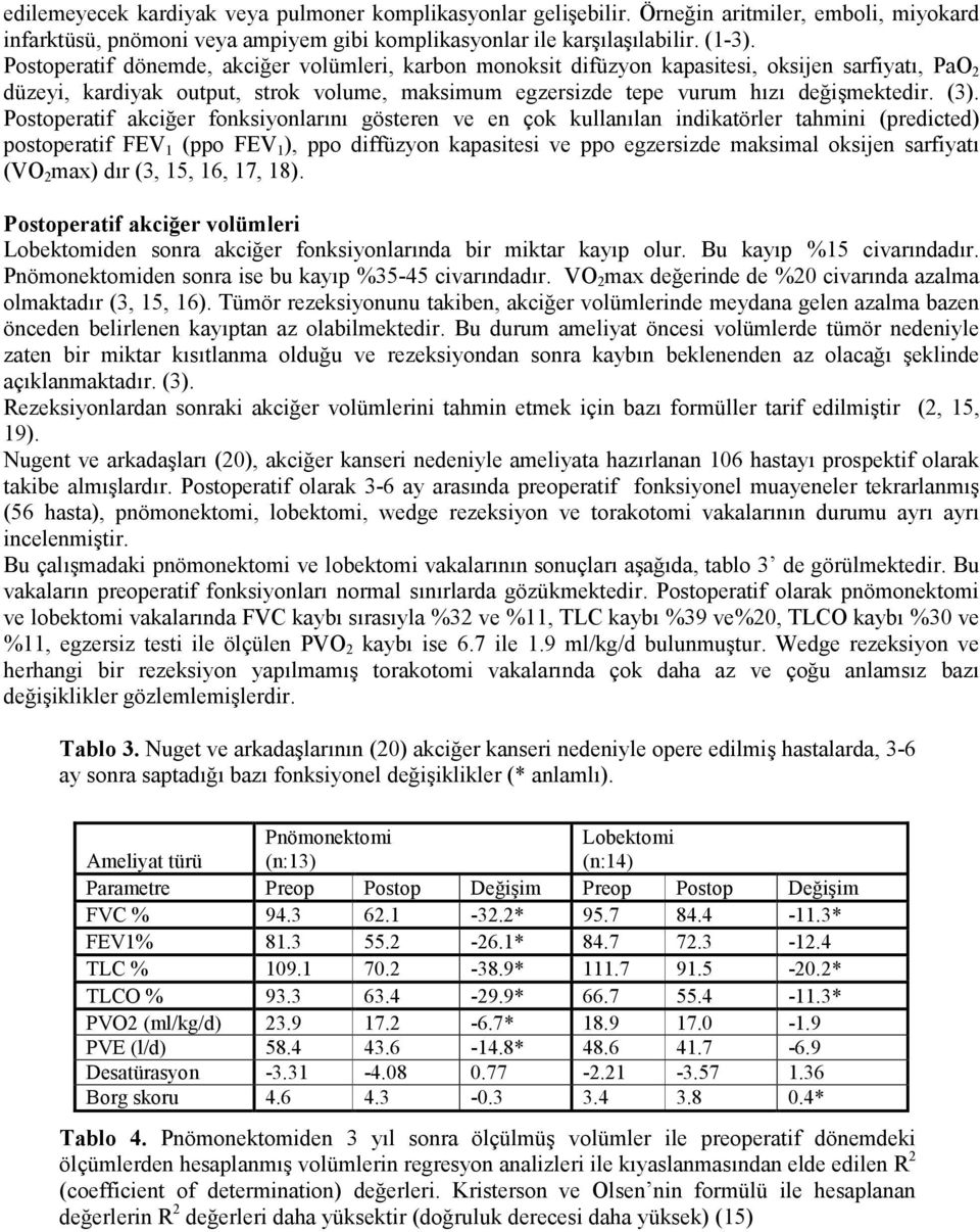 Postoperatif akciğer fonksiyonlarını gösteren ve en çok kullanılan indikatörler tahmini (predicted) postoperatif FEV 1 (ppo FEV 1 ), ppo diffüzyon kapasitesi ve ppo egzersizde maksimal oksijen