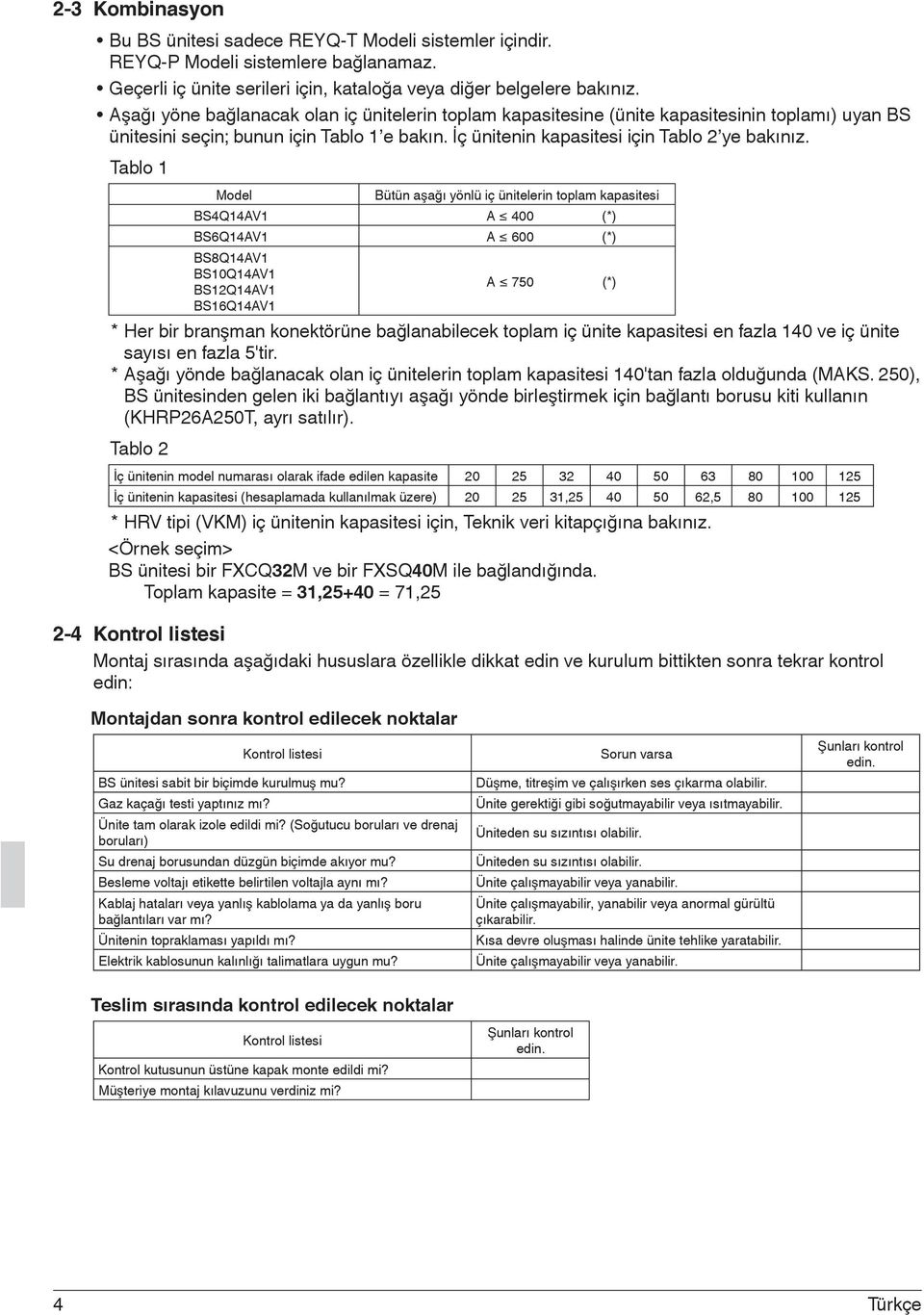 Tablo 1 Model Bütün aşağı yönlü iç ünitelerin toplam kapasitesi BS4Q14AV1 A 400 (*) BS6Q14AV1 A 600 (*) BS8Q14AV1 BS10Q14AV1 BS12Q14AV1 BS16Q14AV1 A 750 (*) * Her bir branşman konektörüne