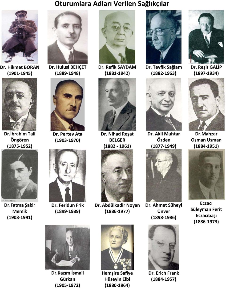 Akil Muhtar Özden (1877 1949) Dr.Mahzar Osman Usman (1884 1951) Dr.Fatma Şakir Memik (1903 1991) Dr. Feridun Frik (1899 1989) Dr.