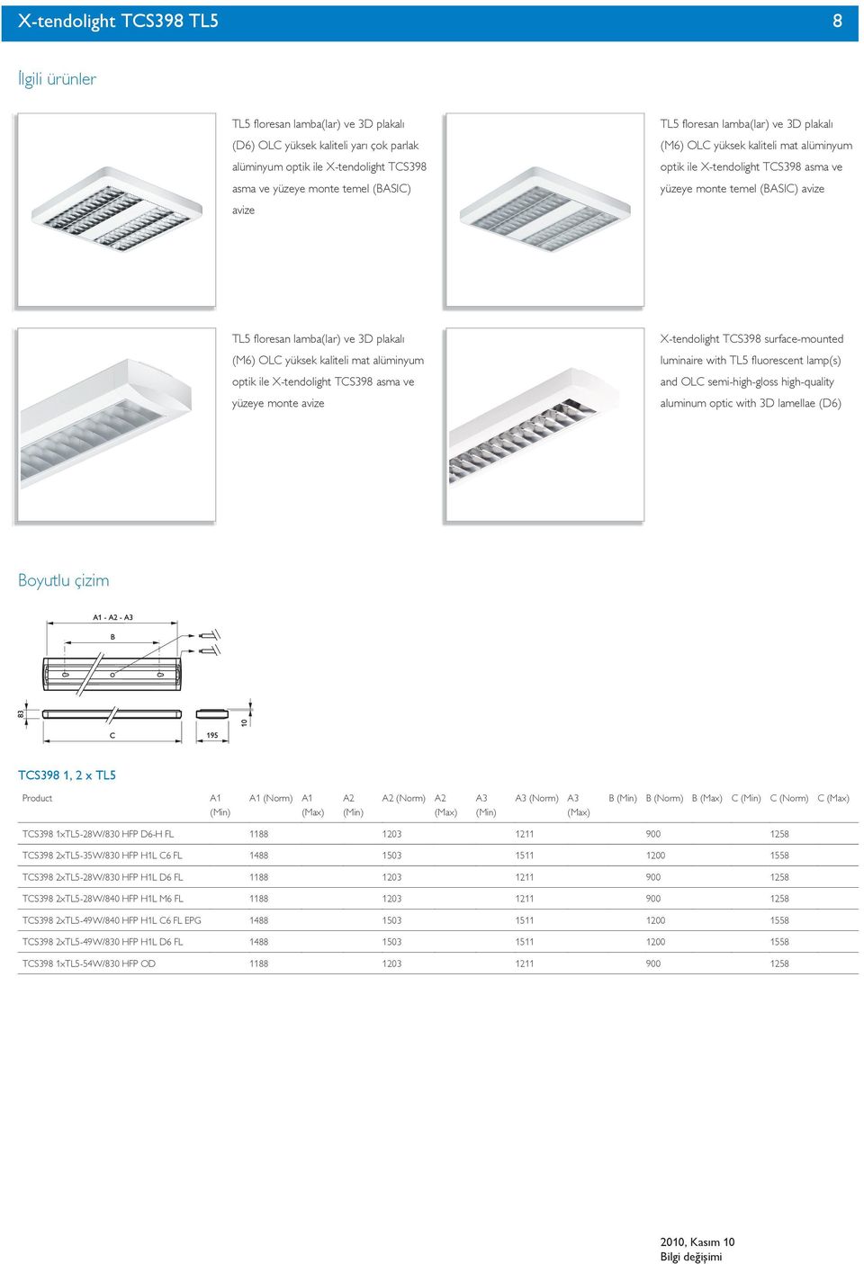 kaliteli mat alüminyum ptik ile X-tendliht TCS398 asma ve yüzeye mnte avize X-tendliht TCS398 surface-munted luminaire with TL5 flurescent lamp(s) and OLC semi-hih-lss hih-quality aluminum ptic with