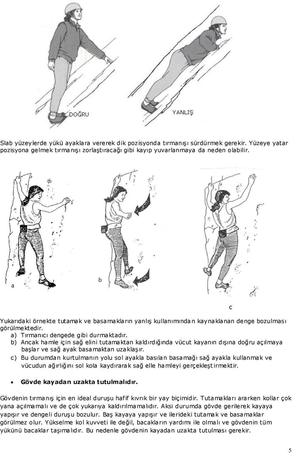 b) Ancak hamle için sağ elini tutamaktan kaldırdığında vücut kayanın dışına doğru açılmaya başlar ve sağ ayak basamaktan uzaklaşır.