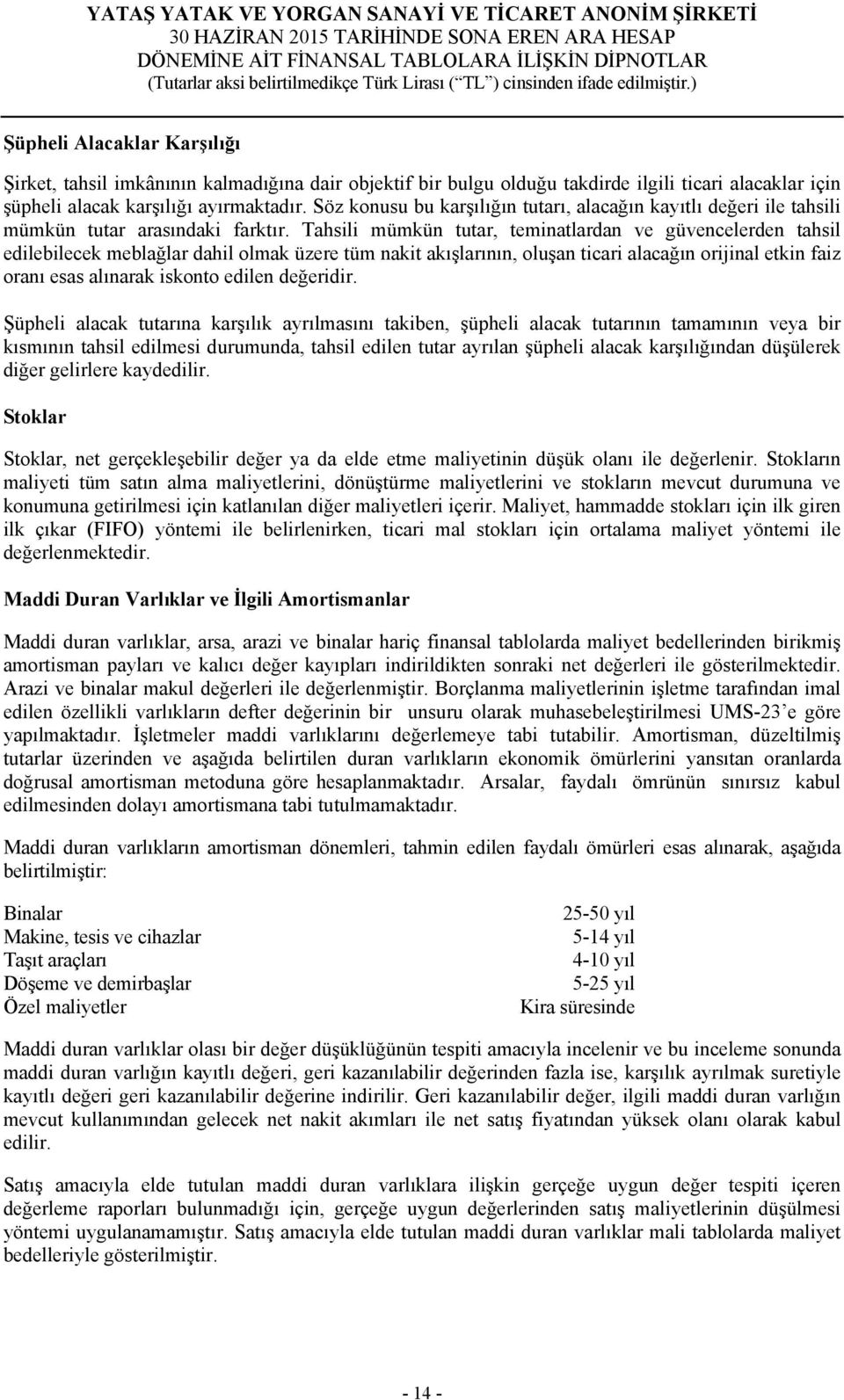 Tahsili mümkün tutar, teminatlardan ve güvencelerden tahsil edilebilecek meblağlar dahil olmak üzere tüm nakit akışlarının, oluşan ticari alacağın orijinal etkin faiz oranı esas alınarak iskonto