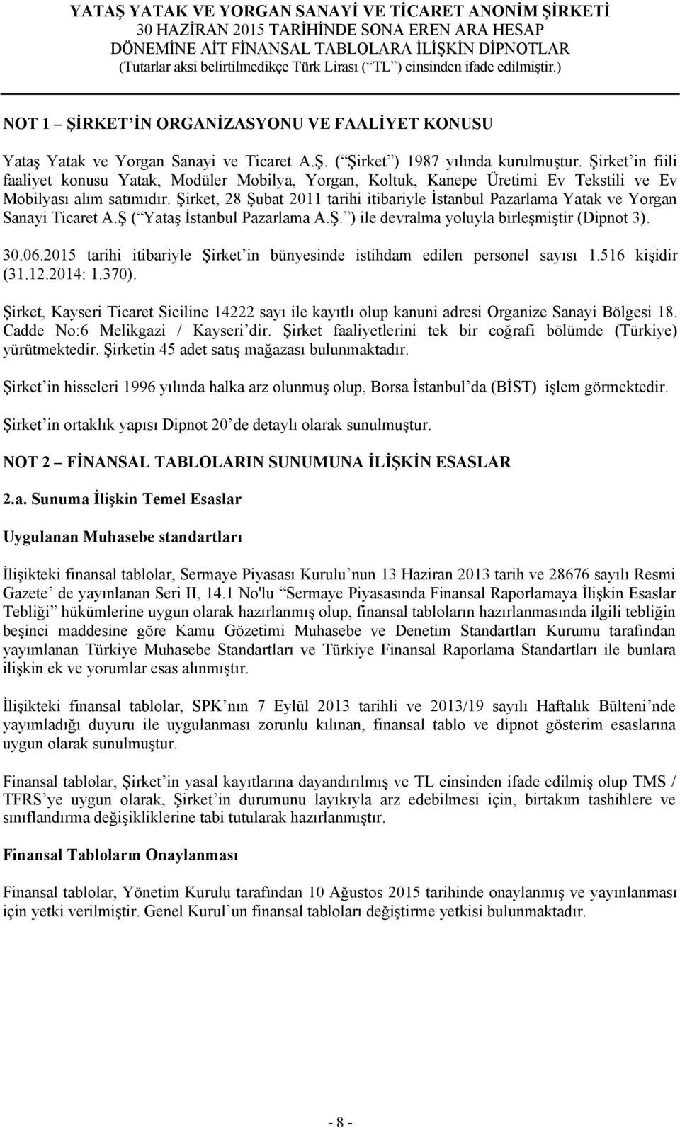 Şirket, 28 Şubat 2011 tarihi itibariyle İstanbul Pazarlama Yatak ve Yorgan Sanayi Ticaret A.Ş ( Yataş İstanbul Pazarlama A.Ş. ) ile devralma yoluyla birleşmiştir (Dipnot 3).