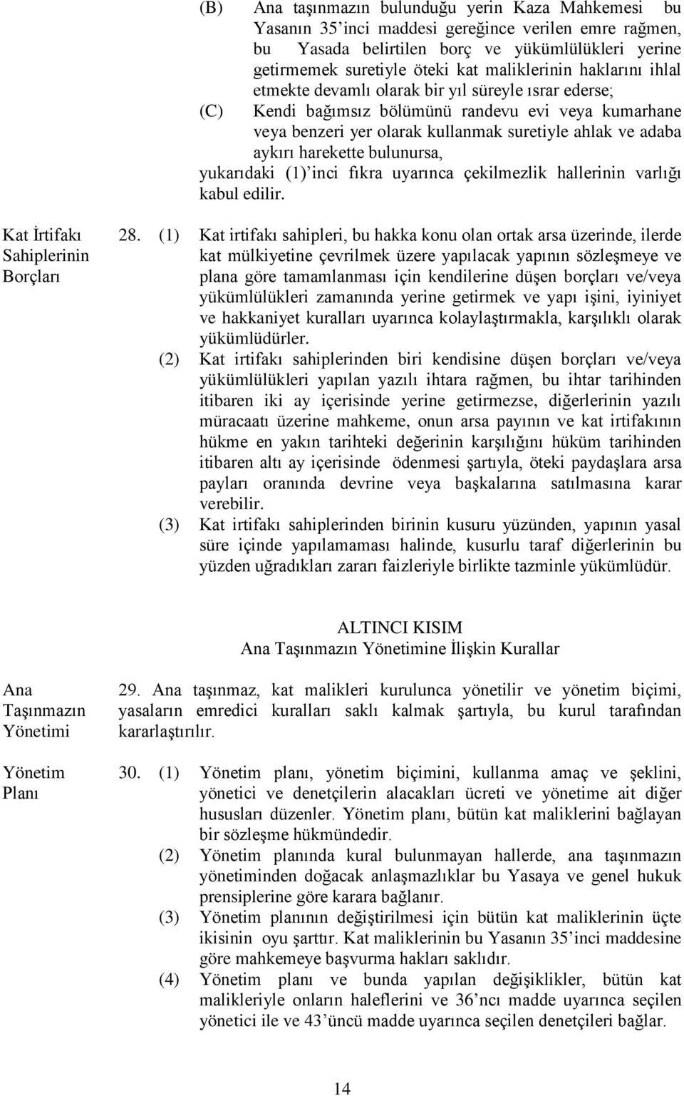 aykırı harekette bulunursa, yukarıdaki (1) inci fıkra uyarınca çekilmezlik hallerinin varlığı kabul edilir. İrtifakı Sahiplerinin Borçları 28.