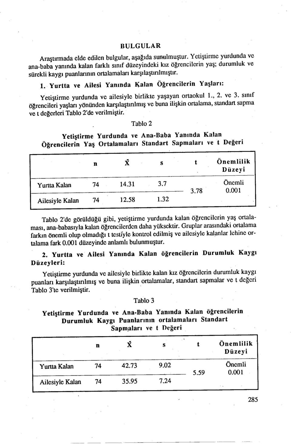 alan Öğrencilerin Yaşları: Yetiştirme yurdunda ve ailesiyle birlikte yaşayan ortaokulı., 2. ve 3.