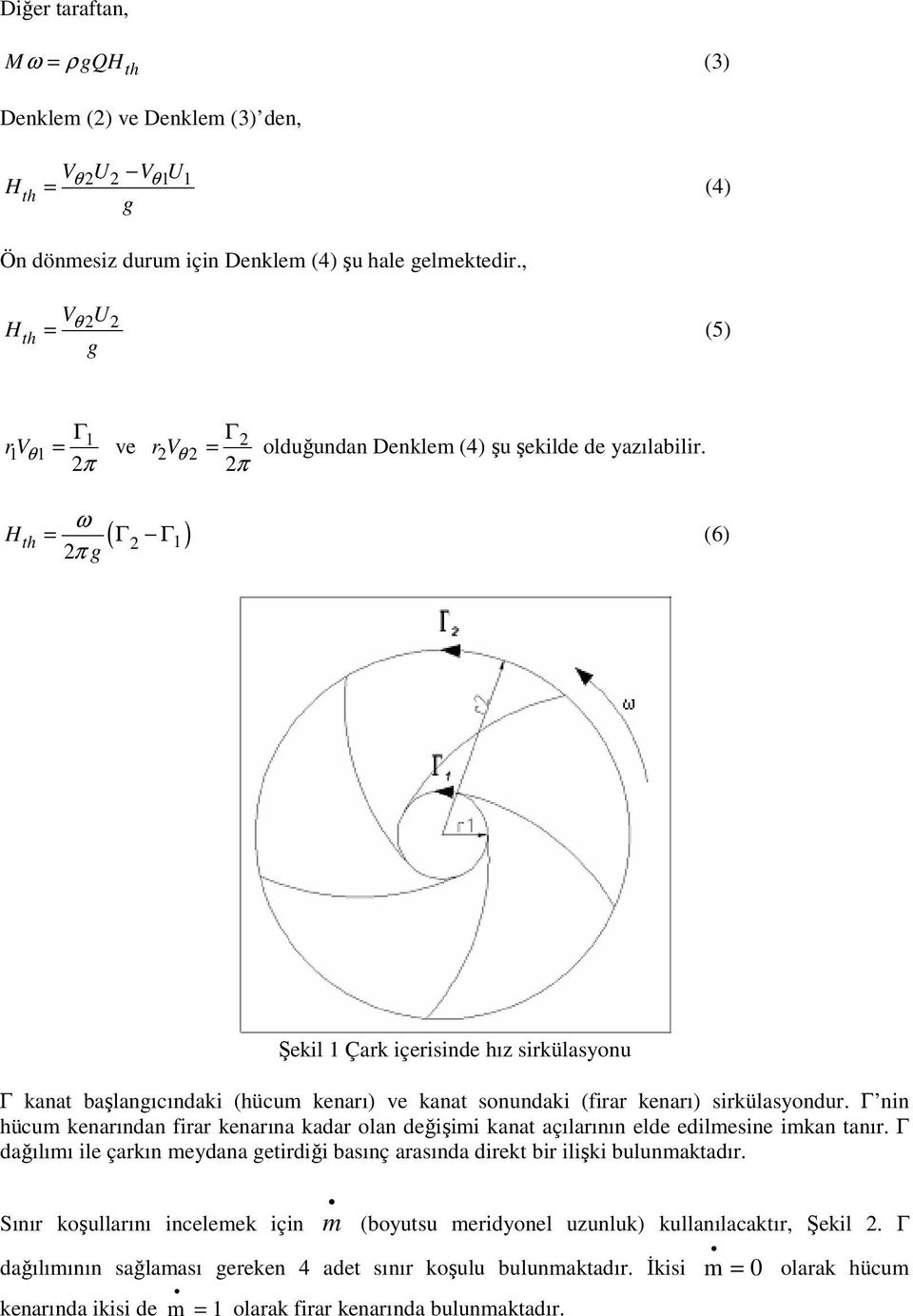 2 2 π ω ( ) π H th = Γ2 Γ 1 (6) 2π g Şekil 1 Çark içerisinde hız sirkülasyonu Γ kanat başlangıcındaki (hücum kenarı) ve kanat sonundaki (firar kenarı) sirkülasyondur.