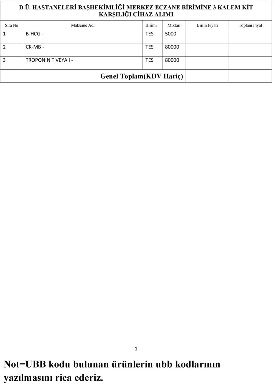 B-HCG - TES 5000 2 CK-MB - TES 80000 3 TROPONIN T VEYA I - TES 80000 Genel