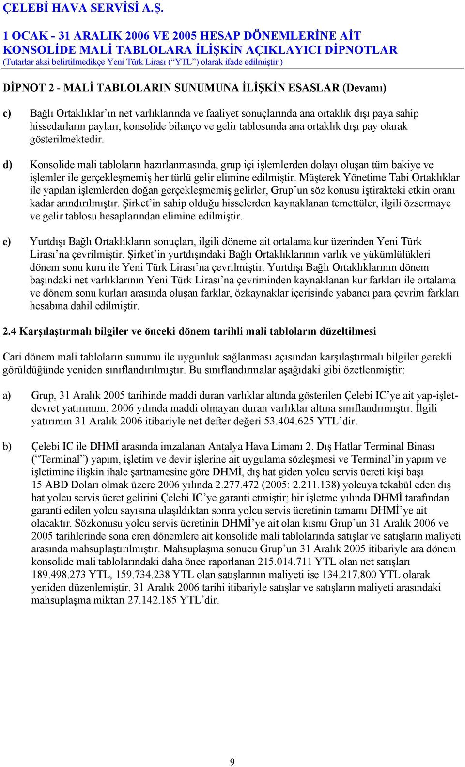 d) Konsolide mali tabloların hazırlanmasında, grup içi işlemlerden dolayı oluşan tüm bakiye ve işlemler ile gerçekleşmemiş her türlü gelir elimine edilmiştir.